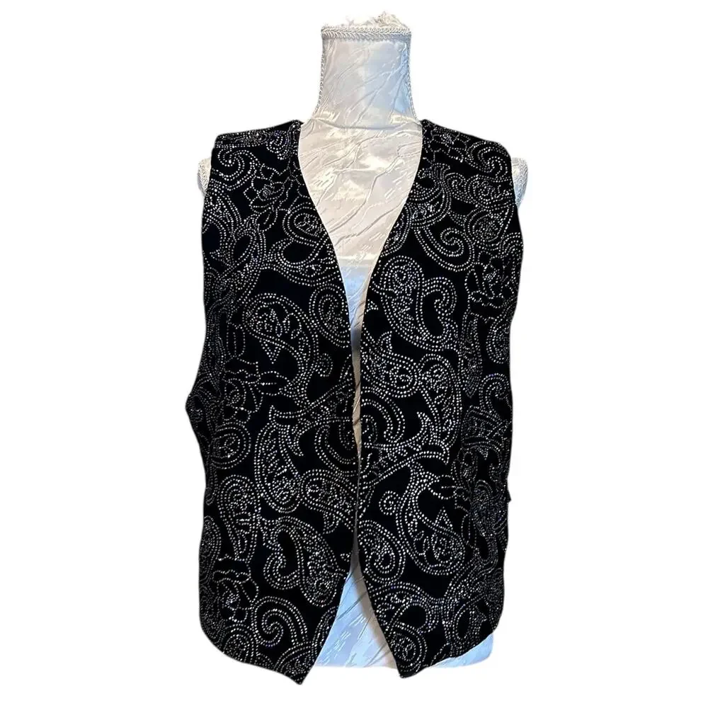 Vintage 80s Black Velvet Rhinestone Studded Vest Old Hollywood Medium